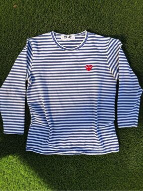 Comme des Garçons PLAY Blue & White Striped Long-Sleeve Tee with Red Heart